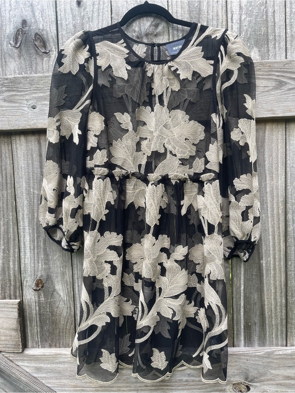 Anthropologie Black Dress Overlay with Cream Floral Appliqué